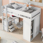 Letto a soppalco in legno Twin Size con armadi e scrivania con 2 cassetti e mobiletto