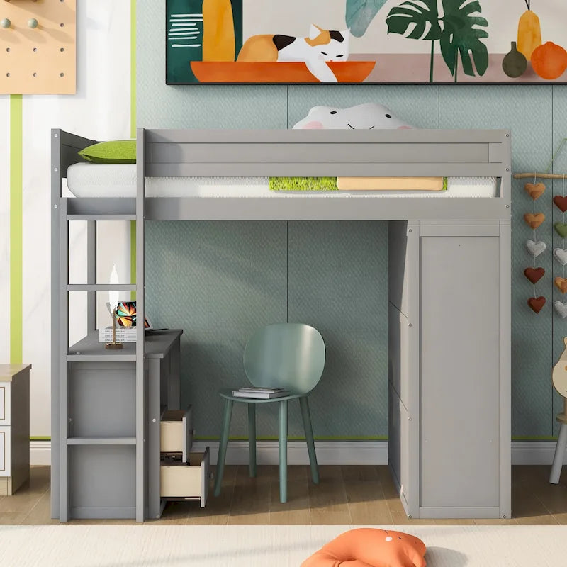 Wood Twin Size Loft Bed with Wardrobes and 2-Drawer Desk with Cabinet