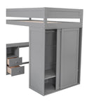 Letto a soppalco in legno Twin Size con armadi e scrivania con 2 cassetti e mobiletto