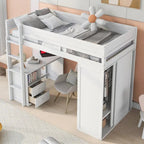Letto a soppalco in legno Twin Size con armadi e scrivania con 2 cassetti e mobiletto