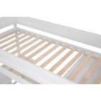 Letto a soppalco in legno Twin Size con armadi e scrivania con 2 cassetti e mobiletto