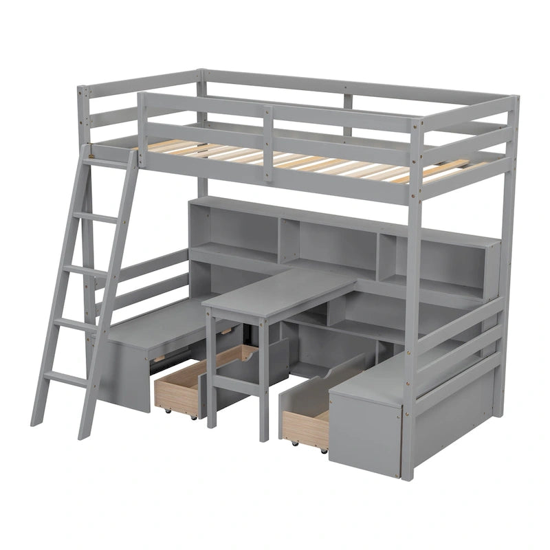 Twin Loft Bed With Storage Shelves, Drawers, Seat And Desk