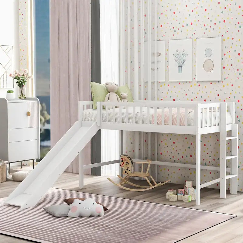 Twin Size Low Loft Bed with Ladder and Slide