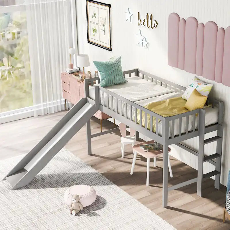 Twin Size Low Loft Bed with Ladder and Slide