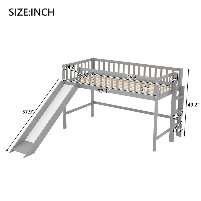 Twin Size Low Loft Bed with Ladder and Slide