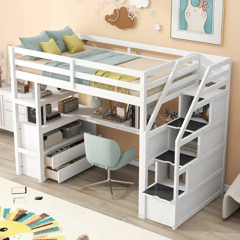 Hochbett in Twin-Größe mit Schreibtisch, Regalen, integrierten Schubladen und Staufach-Treppe