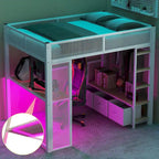 Letto a soppalco da gaming in metallo Full Size con LED, scrivania e cassetti