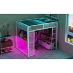 Letto a soppalco da gaming in metallo Full Size con LED, scrivania e cassetti