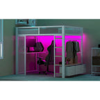 Letto a soppalco da gaming in metallo Full Size con LED, scrivania e cassetti