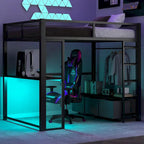 Letto a soppalco da gaming in metallo Full Size con LED, scrivania e cassetti