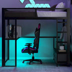 Letto a soppalco da gaming in metallo Full Size con LED, scrivania e cassetti