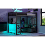 Letto a soppalco da gaming in metallo Full Size con LED, scrivania e cassetti