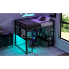 Letto a soppalco da gaming in metallo Full Size con LED, scrivania e cassetti
