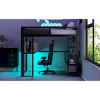 Letto a soppalco da gaming in metallo Full Size con LED, scrivania e cassetti
