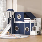 Letto rialzato singolo con tenda gioco, design a torre e castello, struttura in legno massello