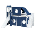 Letto rialzato singolo con tenda gioco, design a torre e castello, struttura in legno massello