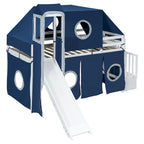 Letto rialzato singolo con tenda gioco, design a torre e castello, struttura in legno massello