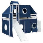 Letto rialzato singolo con tenda gioco, design a torre e castello, struttura in legno massello