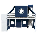 Letto rialzato singolo con tenda gioco, design a torre e castello, struttura in legno massello