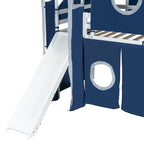 Letto rialzato singolo con tenda gioco, design a torre e castello, struttura in legno massello