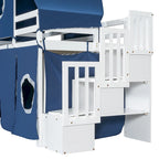 Letto rialzato singolo con tenda gioco, design a torre e castello, struttura in legno massello