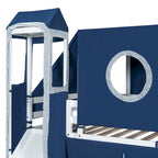 Letto rialzato singolo con tenda gioco, design a torre e castello, struttura in legno massello