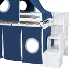 Letto rialzato singolo con tenda gioco, design a torre e castello, struttura in legno massello