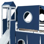 Letto rialzato singolo con tenda gioco, design a torre e castello, struttura in legno massello