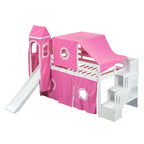 Letto rialzato singolo con tenda gioco, design a torre e castello, struttura in legno massello