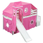 Letto rialzato singolo con tenda gioco, design a torre e castello, struttura in legno massello