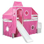 Letto rialzato singolo con tenda gioco, design a torre e castello, struttura in legno massello