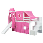Letto rialzato singolo con tenda gioco, design a torre e castello, struttura in legno massello