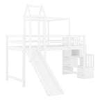 Letto rialzato singolo con tenda gioco, design a torre e castello, struttura in legno massello