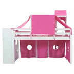 Letto rialzato singolo con tenda gioco, design a torre e castello, struttura in legno massello