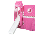 Letto rialzato singolo con tenda gioco, design a torre e castello, struttura in legno massello