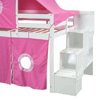 Letto rialzato singolo con tenda gioco, design a torre e castello, struttura in legno massello