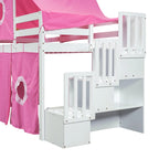 Letto rialzato singolo con tenda gioco, design a torre e castello, struttura in legno massello