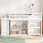 Letto a soppalco singolo con contenitore e cassettiera, mobiletto con ripiani, scrivania estraibile, letto a soppalco in legno di caucciù con scala, bianco