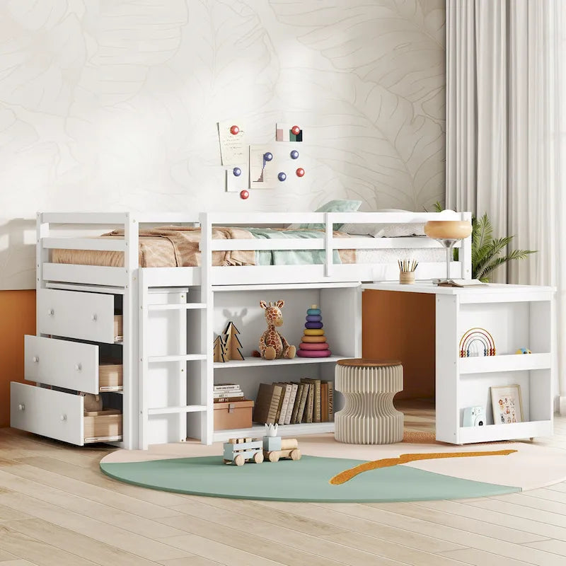 Twin Loft Bed w/ Stroage Case & Drawer Cabinet, Shelf Cabinet, Pulling - Out Desk, Rubber Wood Loft Bed w/ Ladder, White