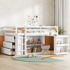 Twin Loft Bed w/ Stroage Case & Drawer Cabinet, Shelf Cabinet, Pulling - Out Desk, Rubber Wood Loft Bed w/ Ladder, White