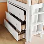 Letto a soppalco singolo con contenitore e cassettiera, mobiletto con ripiani, scrivania estraibile, letto a soppalco in legno di caucciù con scala, bianco