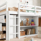 Letto a soppalco singolo con contenitore e cassettiera, mobiletto con ripiani, scrivania estraibile, letto a soppalco in legno di caucciù con scala, bianco
