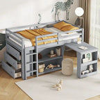 Letto a soppalco singolo con contenitore e cassettiera, mobiletto con ripiani, scrivania estraibile, letto a soppalco in legno di caucciù con scala, bianco