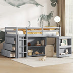 Letto a soppalco singolo con contenitore e cassettiera, mobiletto con ripiani, scrivania estraibile, letto a soppalco in legno di caucciù con scala, bianco