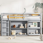 Letto a soppalco singolo con contenitore e cassettiera, mobiletto con ripiani, scrivania estraibile, letto a soppalco in legno di caucciù con scala, bianco