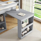 Letto a soppalco singolo con contenitore e cassettiera, mobiletto con ripiani, scrivania estraibile, letto a soppalco in legno di caucciù con scala, bianco