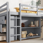 Letto a soppalco singolo con contenitore e cassettiera, mobiletto con ripiani, scrivania estraibile, letto a soppalco in legno di caucciù con scala, bianco
