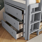 Letto a soppalco singolo con contenitore e cassettiera, mobiletto con ripiani, scrivania estraibile, letto a soppalco in legno di caucciù con scala, bianco