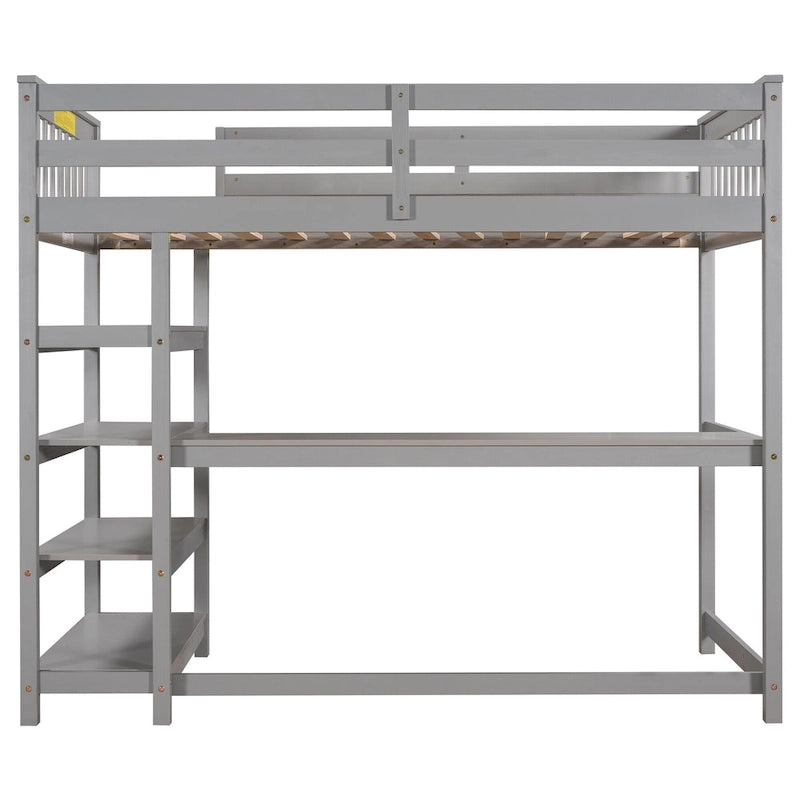 Twin Size Loft Bed with Storage Shelves and Under-Bed Desk
