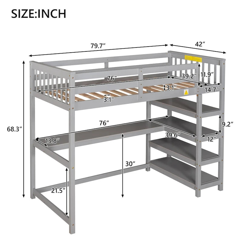Twin Size Loft Bed with Storage Shelves and Under-Bed Desk